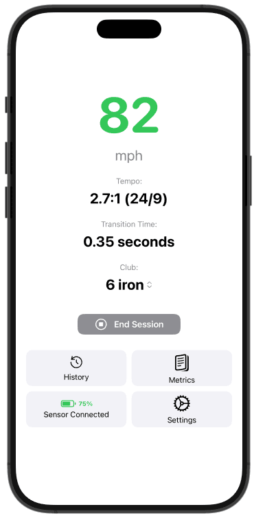 Range1 Golf app showing swing speed, tempo and other metrics