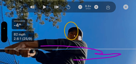 Range1 Golf app showing a slow-motion swing replay with swing speed and tempo